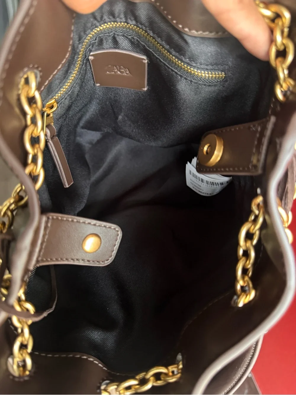Zara Dark Brown Cow Leather Fringed Bucket Bag with Gold Chain Accents
